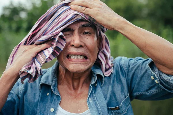 Primer Plano Retrato Local Asiático Anciano Granjero Con Tela Seda — Foto de Stock
