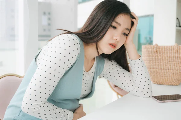 Young Beautiful Pregnant Asian Thai Woman Holding Her Belly Suffering — Stock Photo, Image