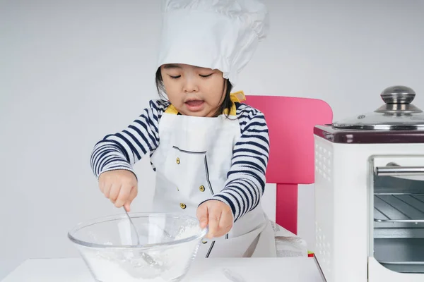 Pretty Asian Thai Kid Play Role Chef Mixing Flour Water — Stock Photo, Image