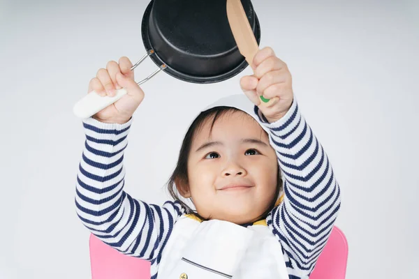 Graziosa Asiatico Tailandese Bambino Giocare Ruolo Come Chef Working Cooker — Foto Stock