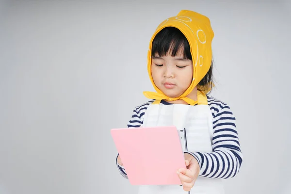 Pretty Thai Kid Play Role Waitress Wearing Yellow Bandage Taking — Stock Photo, Image