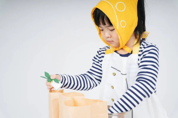 Pretty Asian Thai Kid Play Role Waitress Wearing Yellow Bandage — Stock Photo, Image