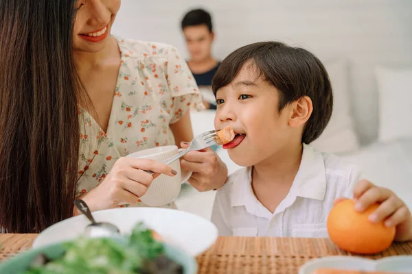 Asiático Tailandês Mãe Alimentação Refeição Para Seu Filho Família Almoçando — Fotografia de Stock