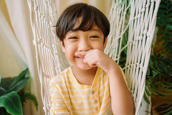 Close Portrait Cheerful Asian Thai Boy Hammock — Stock Photo, Image