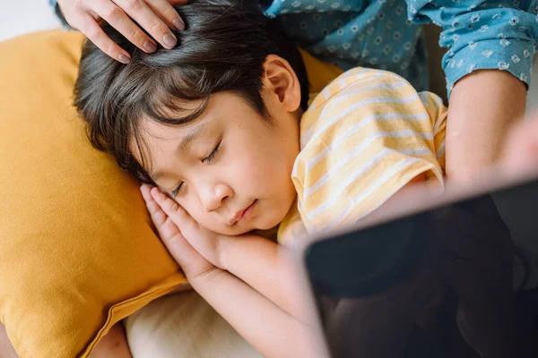 Sleeping Asian Son Resting Pillow Mother Home — Stock Photo, Image