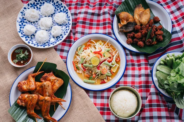 Vista Superior Conjunto Isan Comida Del Norte Tailandia —  Fotos de Stock