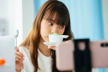 Genç Asyalı siyah saçlı kadın yemek eleştirmeni eleştiri yazmadan önce tatlıyı inceleyin..