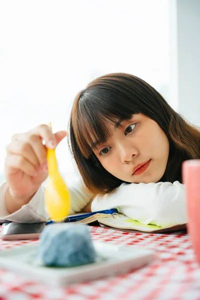 Young Asian Dark Hair Woman Eating Sweet Sticky Rice Spoon — Stock Photo, Image