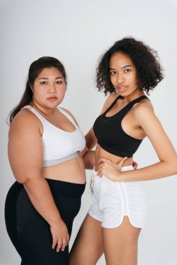 Beyaz arka planda şişman Asyalı ve Afrikalı kadın portresi..