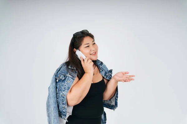 Portrait Cheerful Happy Asian Chubby Woman Black Dress Jeans Jacket — Stock Photo, Image