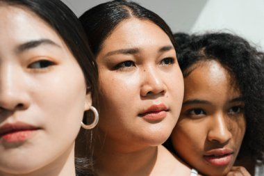 Asyalı ve Afrikalı bir grup kadın. Farklı etnik kökenlere sahip kadınlarla yüz resimleri.