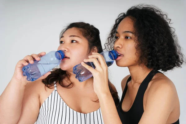 Şişeden su içen Asyalı tombul ve Afrikalı kadınların yakın portresi..