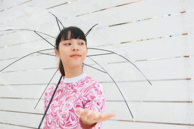 Yağmurlu günlerde elinde şeffaf şemsiye tutan pembe tişörtlü genç Asyalı kadın..