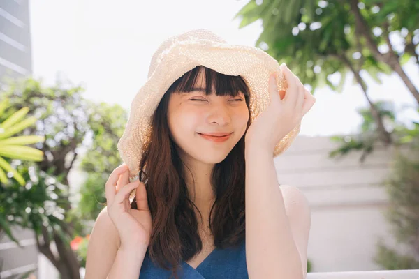 Portrait Young Asian Woman Traveler Wearing Blue Dress Hat Outdoors — Stock Photo, Image