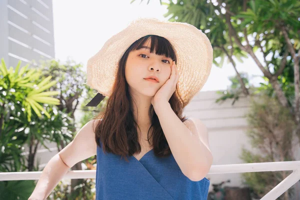 Portrait Young Asian Woman Traveler Wearing Blue Dress Hat Outdoors — Stock Photo, Image