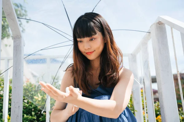 Young Asian Woman Traveler Wearing Blue Dress Holding Transparent Umbrella — Stock Photo, Image