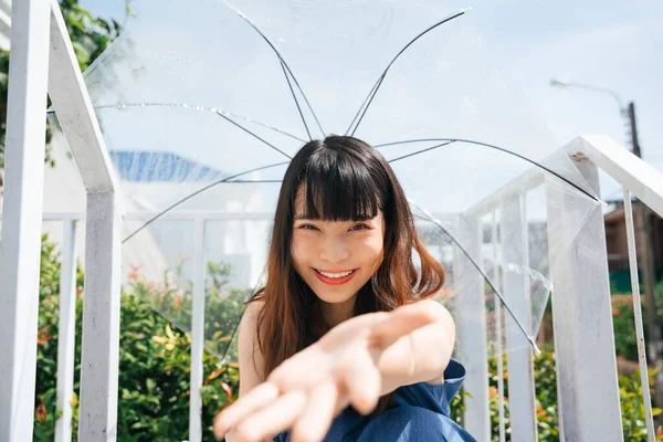 Portrait Young Asian Woman Traveler Wearing Blue Dress Transparent Umbrella — Stock Photo, Image