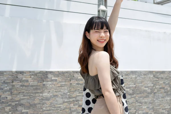 Cheerful Young Asian Woman Traveler Holding Transparent Umbrella City — Stock Photo, Image