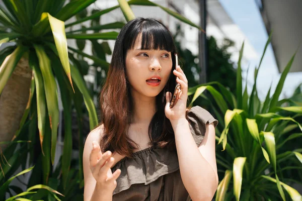 Young Asian Woman Talking Smartphone Having Problem Boyfriend — Stock Photo, Image