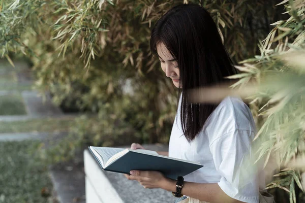 Cute Girl White Shirt Sitting Little Bamboo Read Book — Stock Photo, Image