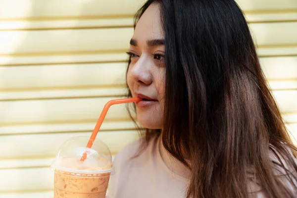 Rambut Panjang Wanita Gemuk Minum Teh Susu Thailand Dengan Jerami — Stok Foto