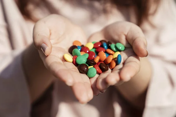 Cropped Image Lots Chocolate Candies Fat Woman Hands While She — Stock Photo, Image