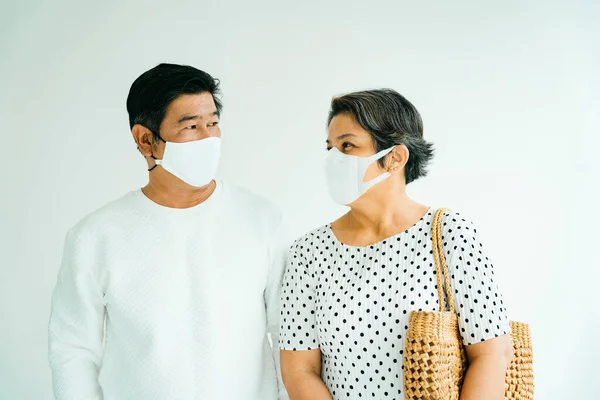 Portrait Cool Old Elderly Senior Couple White Shirt Wear Mask — Stock Photo, Image