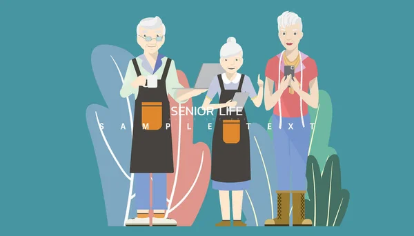 Illustrazione Vettoriale Tre Persone Anziane Con Una Carriera Lavorativa Diversa — Vettoriale Stock