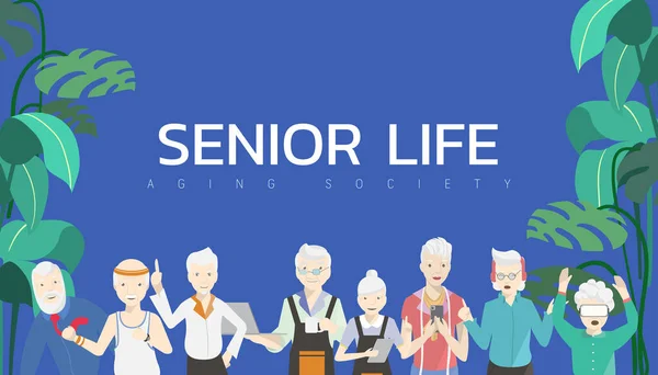 Vector Illustration Group Elderly People Old Person Senior Life Concept — Stock Vector
