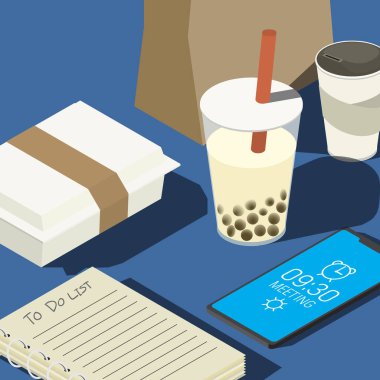 To do list and smartphone with alarm clock application on the table with food and dessert from food delivery. clipart