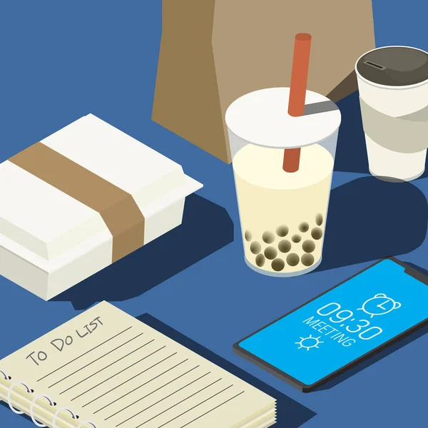 Zrobienia Lista Smartfon Aplikacji Budzika Stole Jedzeniem Deserem Dostaw Żywności — Wektor stockowy