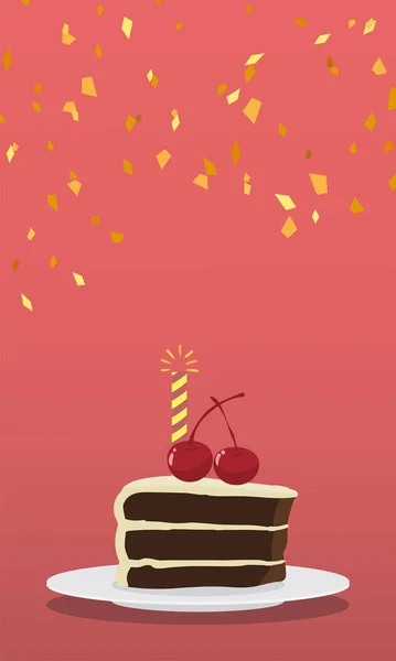 반사체 Icon 초콜릿 비스킷 케익에 체리가 줄무늬 양초가 케이크 배경으로 — 스톡 벡터