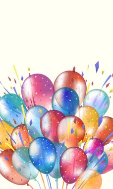 Beyaz arka planda harf ve konfeti olan renkli balonlar. Doğum günü geçmişi. Parlak balonların gerçekçi vektör çizimi. Bir sürü renkli balon uçan konfeti ve flama. Vektör illüstrasyonu.