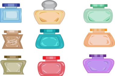 Çeşitli renklerde çeşitli parfüm ve banyo şişe ve kaplar