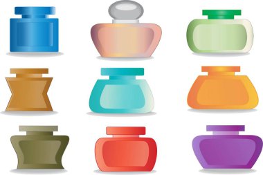 Çeşitli şekil ve renklerde parfüm ve banyo şişe ve konteyner bir dizi