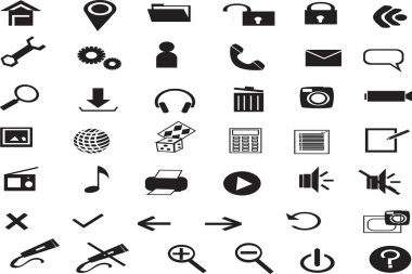 Web, mobil ve masaüstü uygulaması veya yazılım arayüzü için 42 basit düz simge kümesi.