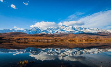 Altay Cumhuriyeti.Bir dağ gölünün yüzeyinde kar zirveleri ve karaçam taiga yansıması.