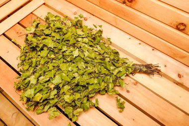 Ahşap bir arka plan üzerinde bir Rus banyosunda yeşil huş süpürgesi.