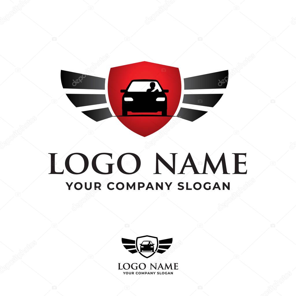 Safety driving course, driver training school, sale car with shield and wing logo.