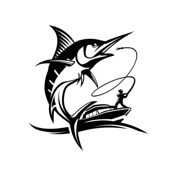 Marlin balık logosu. Deniz ürünleri ve spor kulübü için Balıkçılık amblemi.