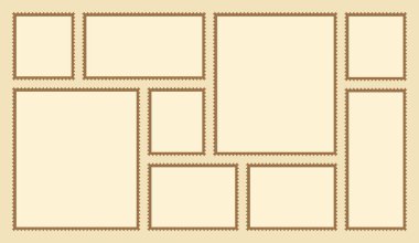 Resimleri veya sanat eserlerini göstermek için dekoratif kolajda düzenlenmiş boş çerçeve koleksiyonu