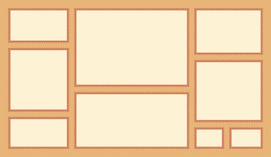 Sıcak bej arkaplanda düzenlenmiş boş dikdörtgen ve kare pullu çerçeve koleksiyonu.