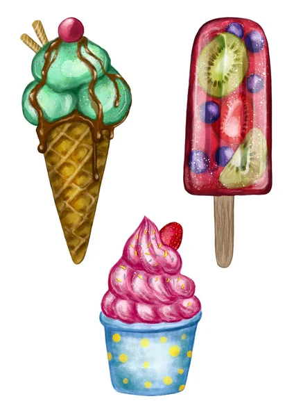 Ice cream illustrations. Set of cute hand drawn ice-creams and frozen yogurt isolated on white background