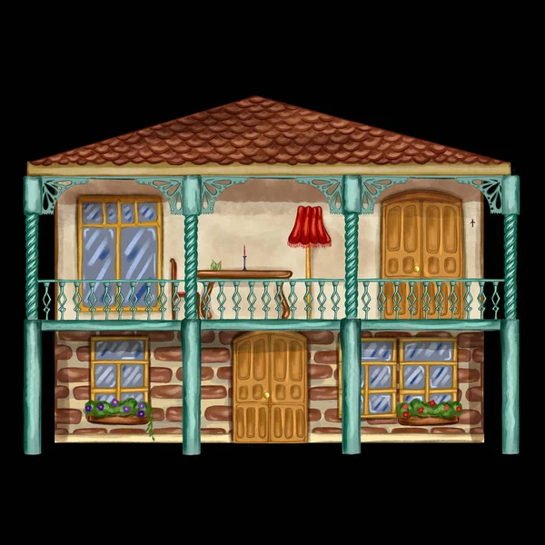 Illustration Eines Alten Georgischen Hauses Mit Traditionellem Balkon — Stockfoto