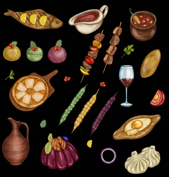 グルジア料理の要素 手描き カチャプリ キンカリ ロビオなど グルジアで最も人気のある料理を表す黒い高品質の画像に完全に隔離されたセット メニューデザイン はがき スクラップブッキングなどに最適 — ストック写真