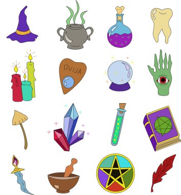 Wicca sembolleri ve atributes clipart set. 16 element (iksir şişeleri, gölgeler kitabı ve diğer büyücülük öğeleri)