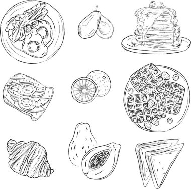 Kahvaltı gıda el çizilmiş vektör seti. Yumurta ve domuz pastırması, krep, tost, waffle, kruvasanlar, avokado, portakal ve Maracuja