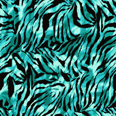 Zebra ve kaplan çizgileri için kusursuz duvar kâğıdı. Hayvan derisi desenli. Tekstil kumaş baskısı için siyah ve turkuaz tasarım. Moda ve ev tasarımı uyuyor..
