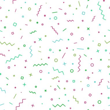 Daire, kare zigzag ve dalgalı şeritli kusursuz geometrik konfeti vektör arkaplanı. Kumaş baskı dokusu. 