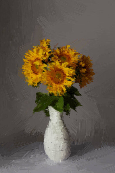painted yellow and sunflowers with green leaves in vase on grey 